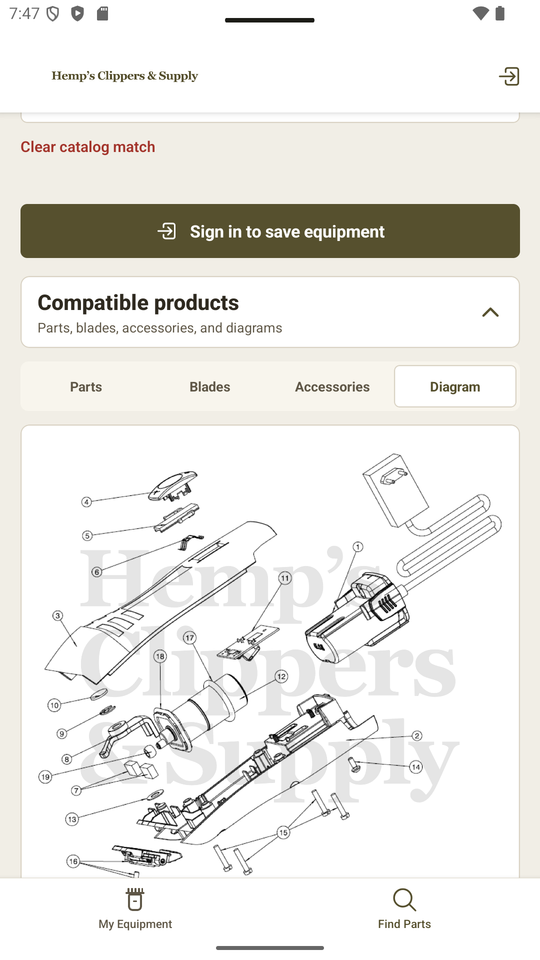 ClipperRepair on Android displaying a supported clipper's parts diagram