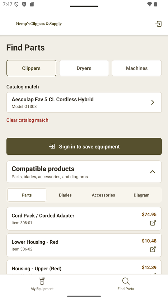 ClipperRepair on Android showing compatible parts for an Aesculap clipper without signing in